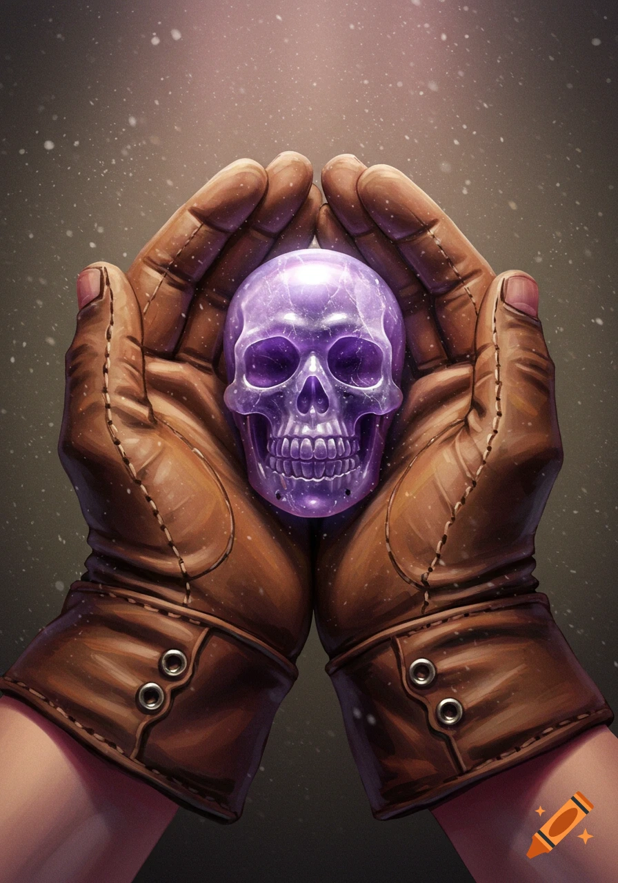 Gloved hands cradle a glowing purple crystal skull, with light snow falling against a dark background in a digital art style.