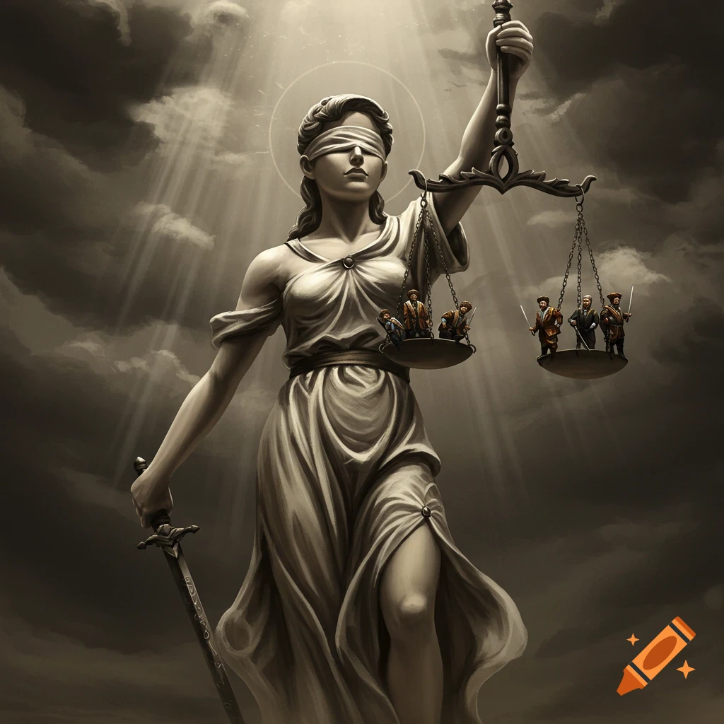 Monochromatic illustration of blindfolded Lady Justice holding unbalanced scales, one side weighted with multiple small figures, the other with fewer, well-dressed figures.