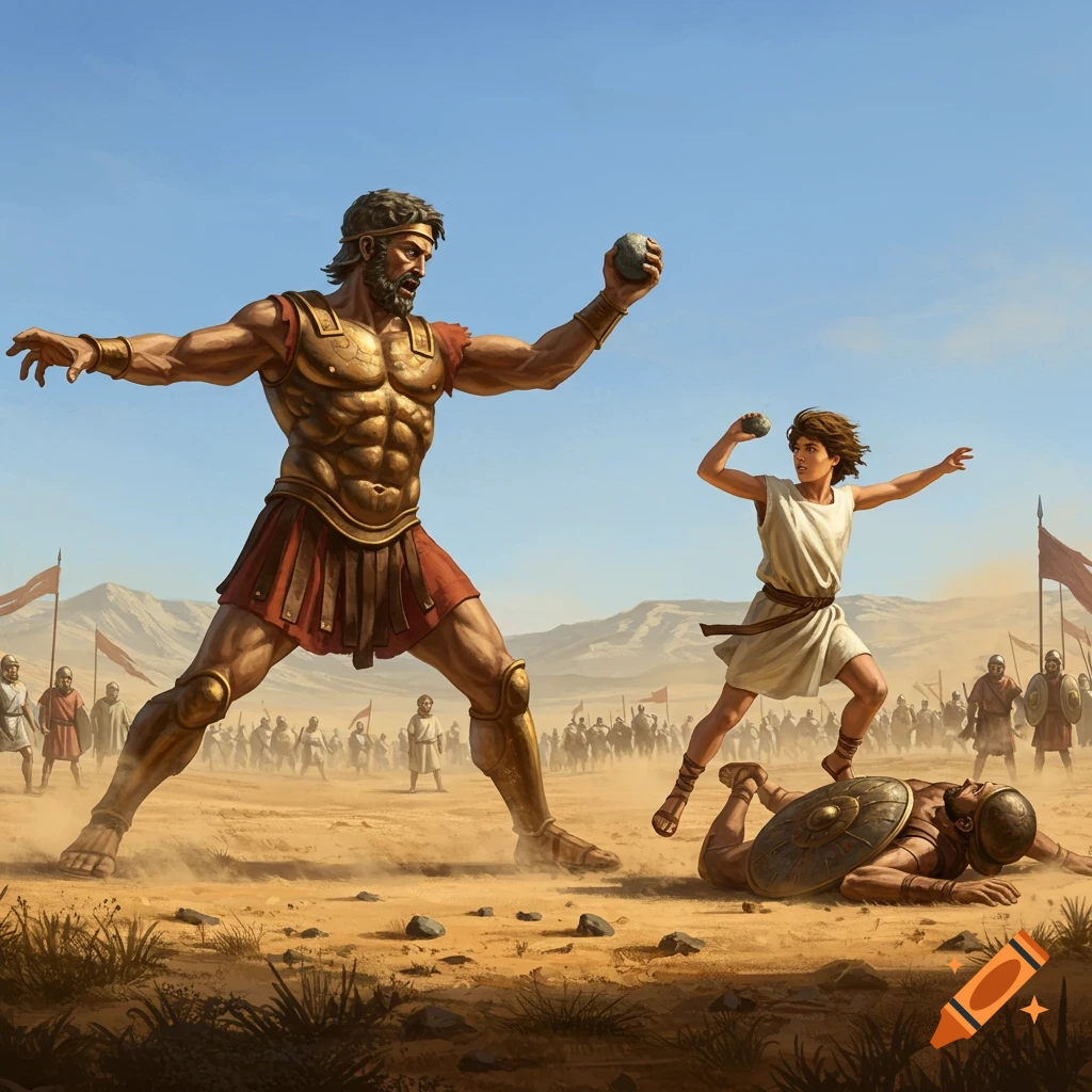 David and Goliath depicted in a desert battle, both men throwing rocks while armies clash in the background.
