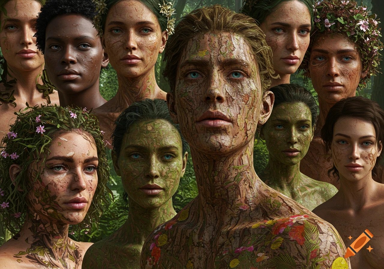 Multiple photorealistic portraits of people with bark-like skin, moss, and flowers emerging from a lush forest background.