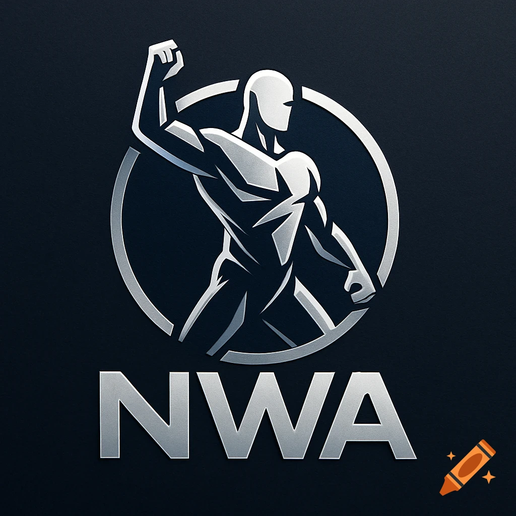 Modern silver logo featuring a stylized muscular male figure within a circle, with the letters NWA below, on a dark background.