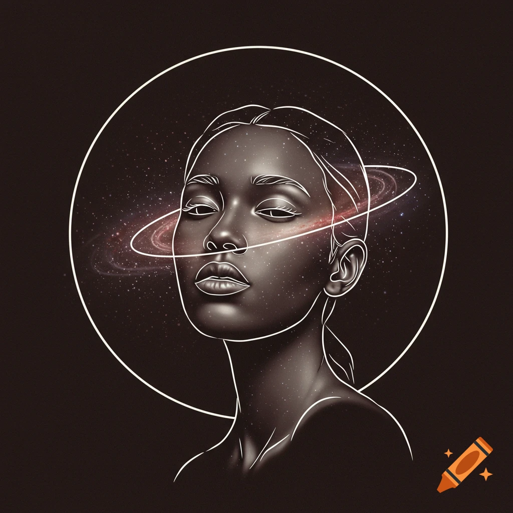 Stylized minimalist portrait of a woman with a cosmic galaxy face, framed by a white circle and orbiting ring.