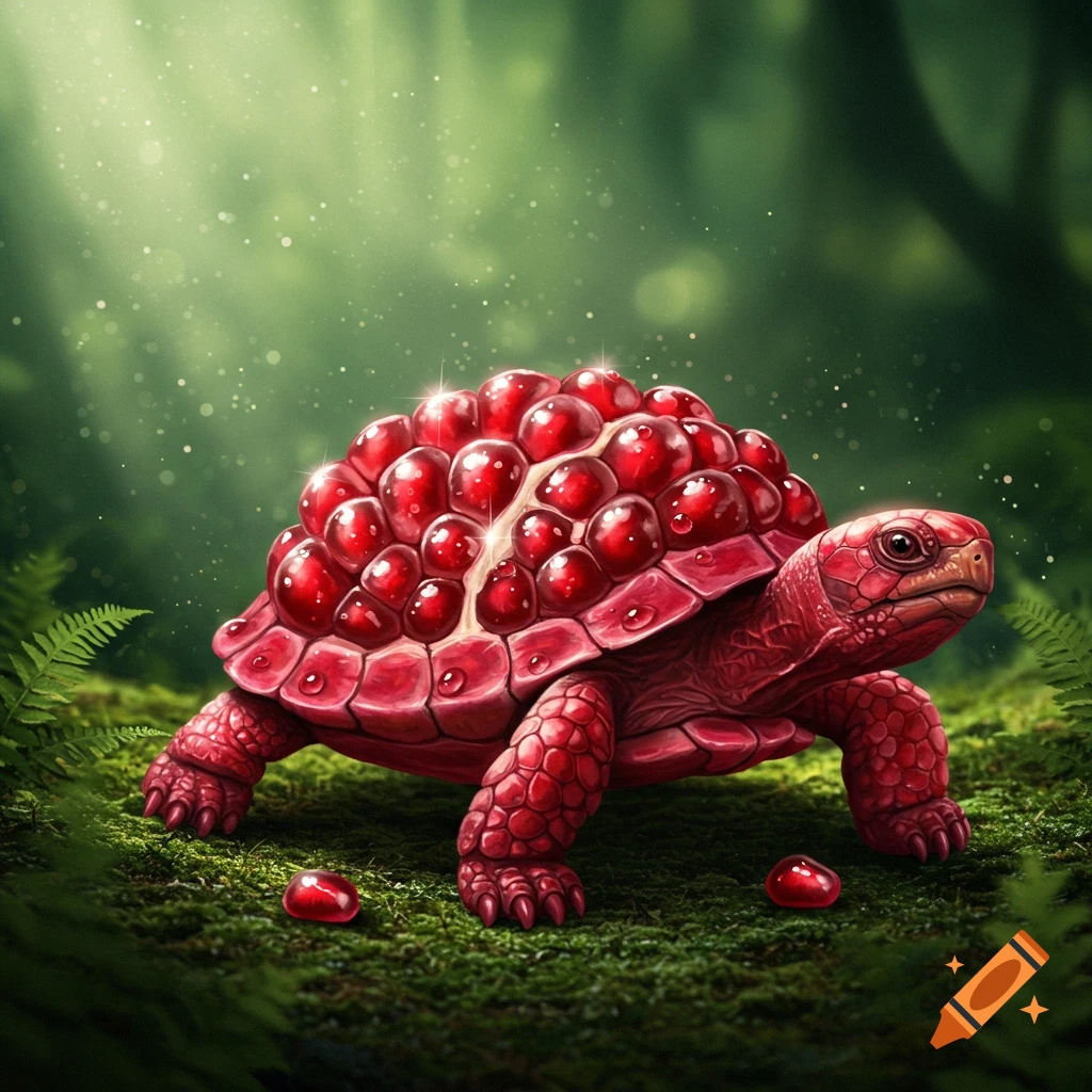 A vibrant red turtle with a shell made of glistening pomegranate arils walks on mossy ground in a lush, sparkling forest.