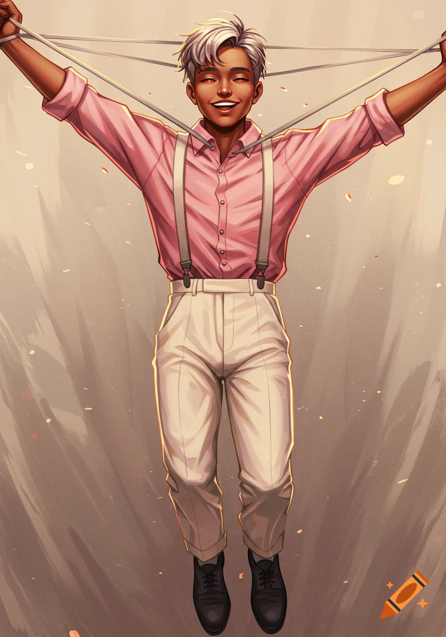 Digital illustration of a smiling person with dark skin and white hair, wearing a pink shirt and suspenders, arms raised and holding strings, suspended in air.