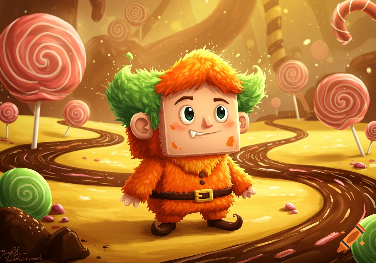 A cute, fuzzy, orange, cube-faced creature with green hair, resembling an Oompa Loompa, stands in a vibrant candy land with lollipops and chocolate rivers. Illustrated style.
