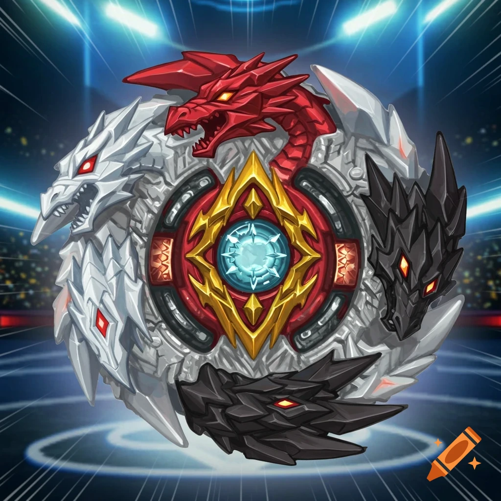 A Beyblade with red, white, and black dragon heads surrounding a glowing blue core, set in an arena.