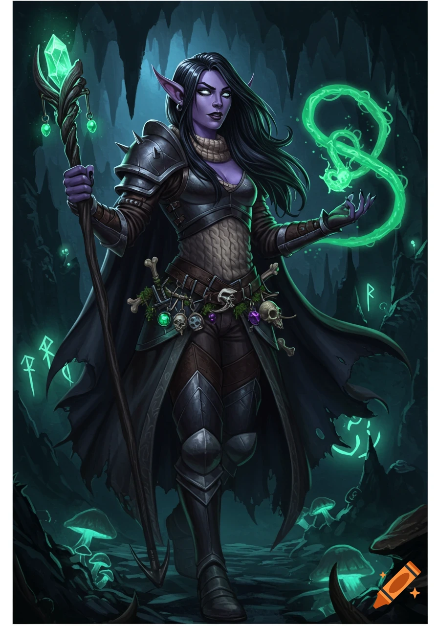 A dark elf warlock with violet skin, black hair, and glowing eyes stands in a bioluminescent cavern, holding a crystal staff and casting green eldritch magic.