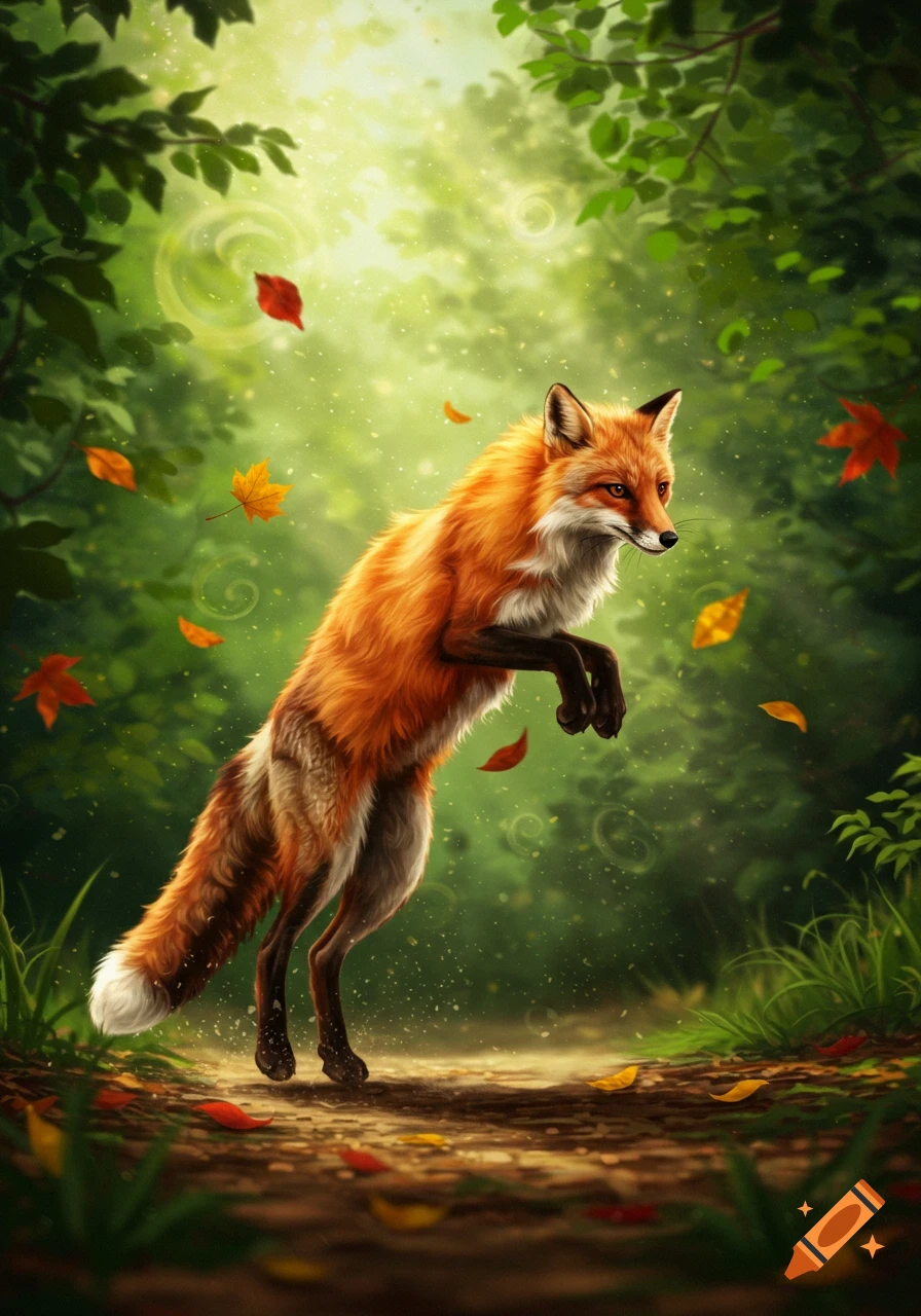 A vibrant orange fox with white markings jumps mid-air in a lush, green forest with autumn leaves falling around it, depicted in a digital painting style.