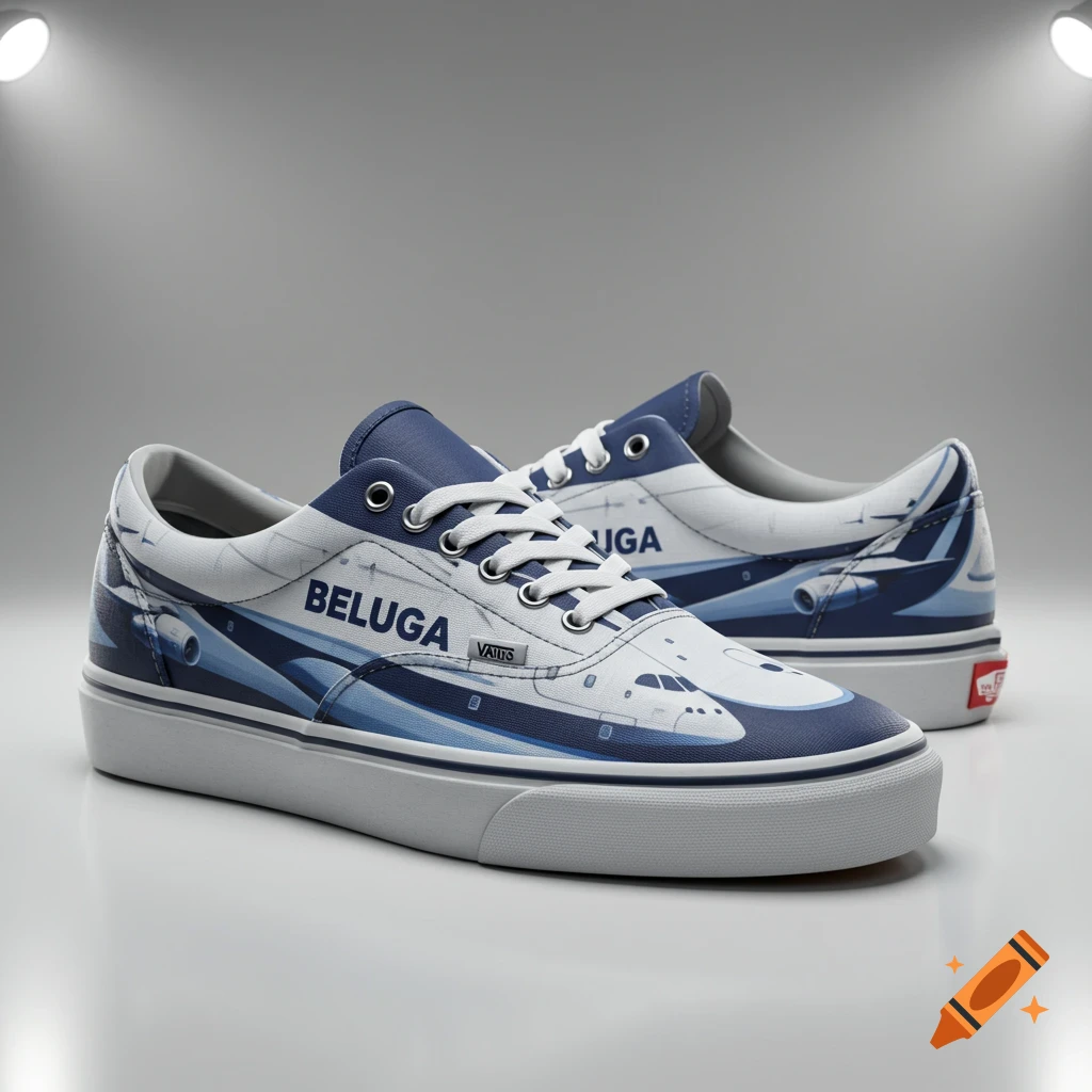A pair of photorealistic white and blue Vans sneakers customized with a Beluga Airbus aircraft design.