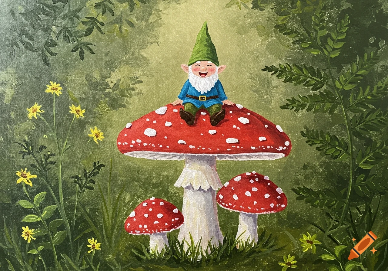 A cheerful gnome with a white beard and green hat sits on a large red mushroom in a lush forest, in an acrylic painting style.