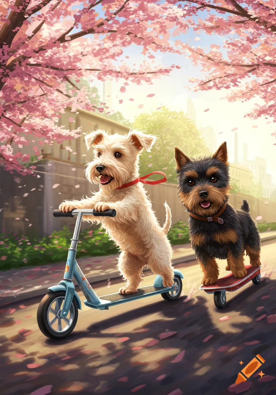 Two happy stylized dogs, a white terrier on a scooter and a black and brown terrier on a skateboard, on a street with pink cherry blossoms.