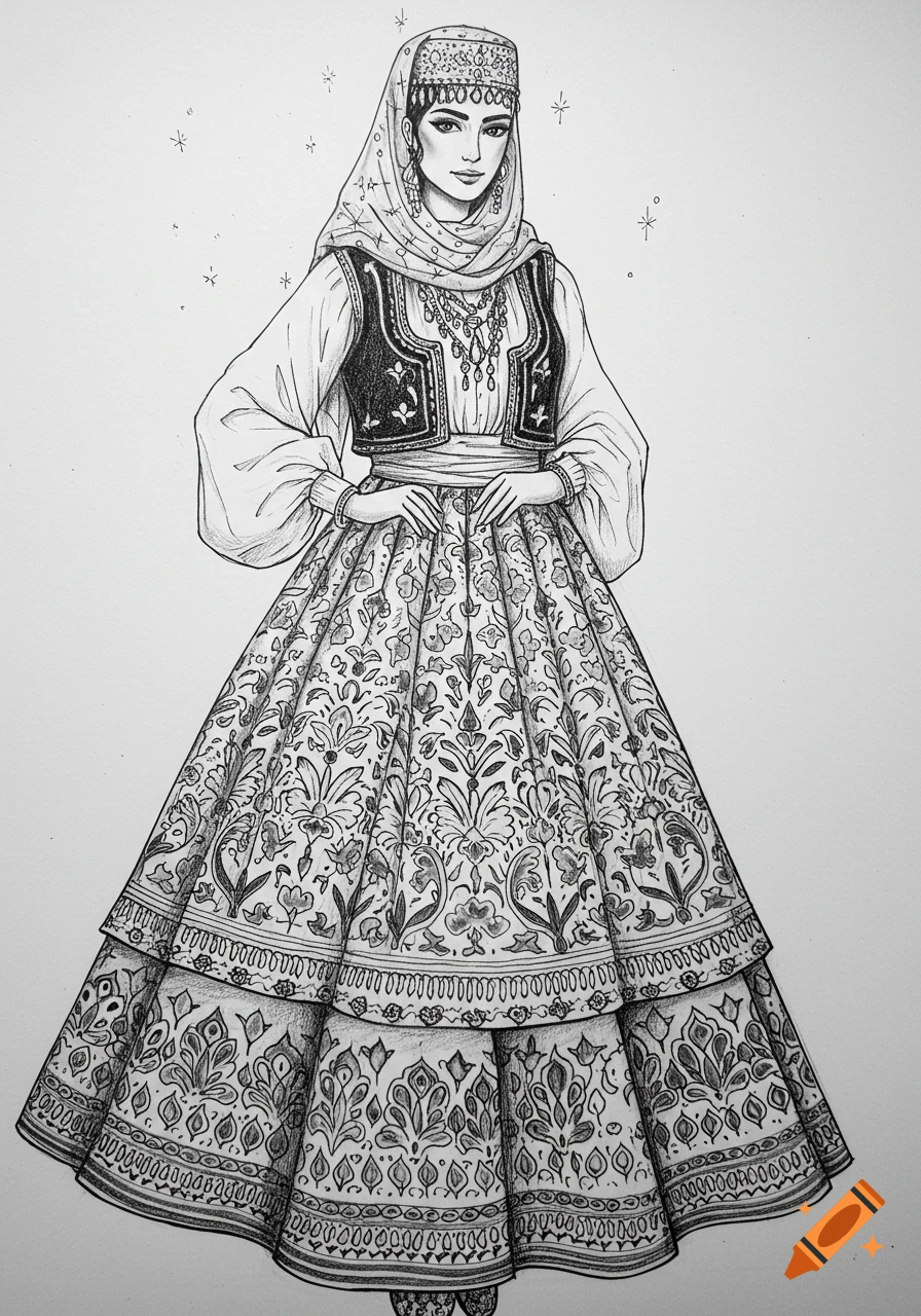 A black and white sketch of a woman in a detailed traditional Iranian costume with a patterned layered skirt.