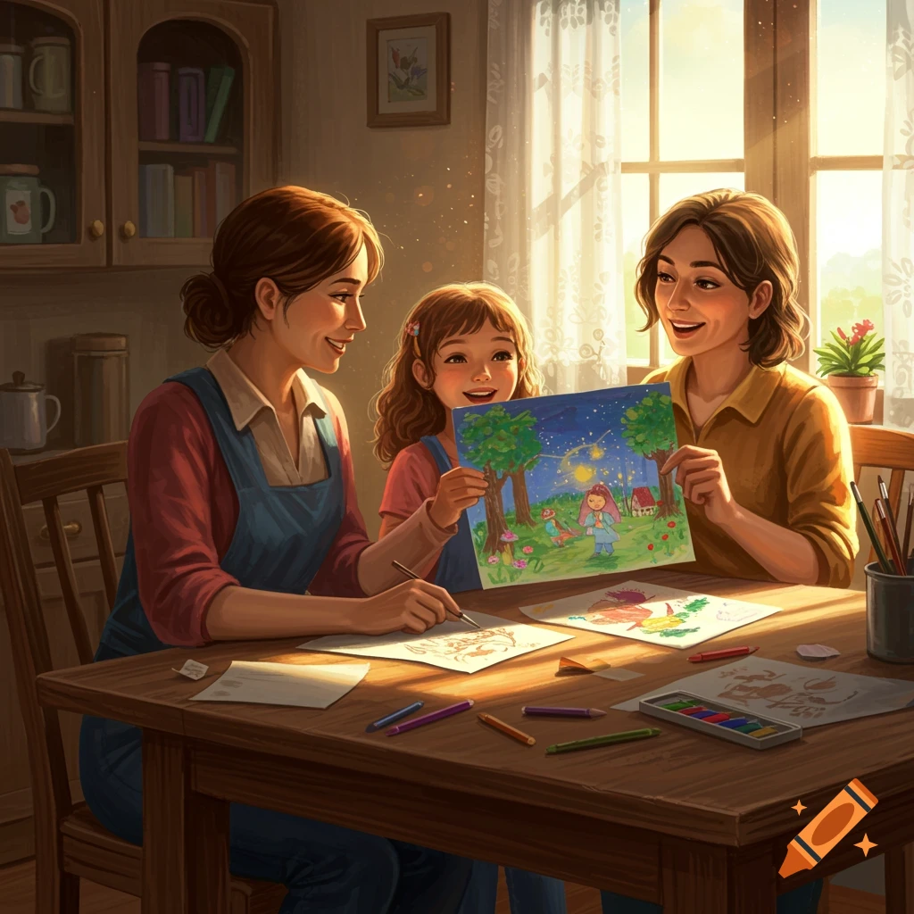 Two women and a young girl drawing at a table in a sunlit room, the girl proudly showing her colorful artwork. Illustration.
