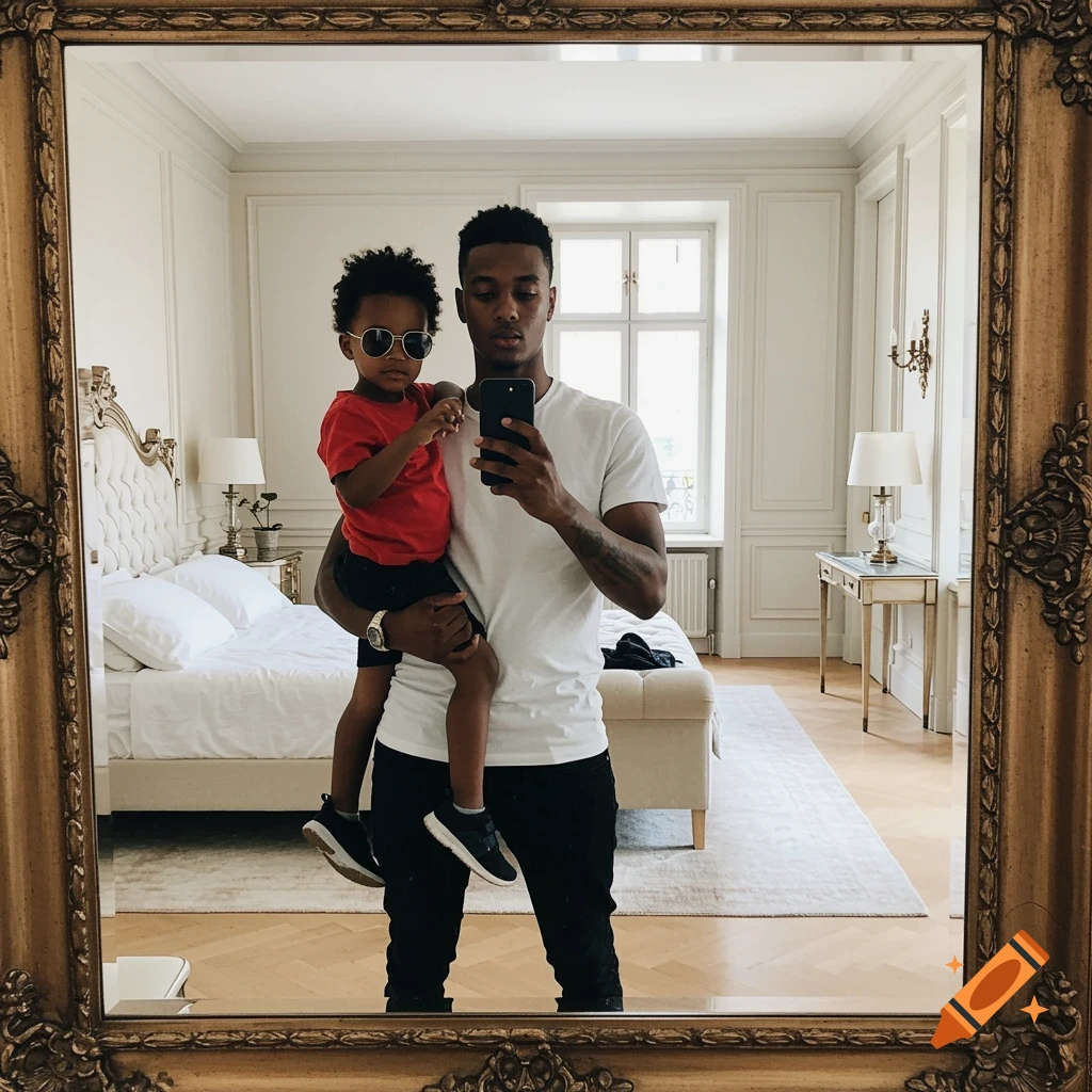 A man holds a child with sunglasses for a mirror selfie in a luxurious bedroom.