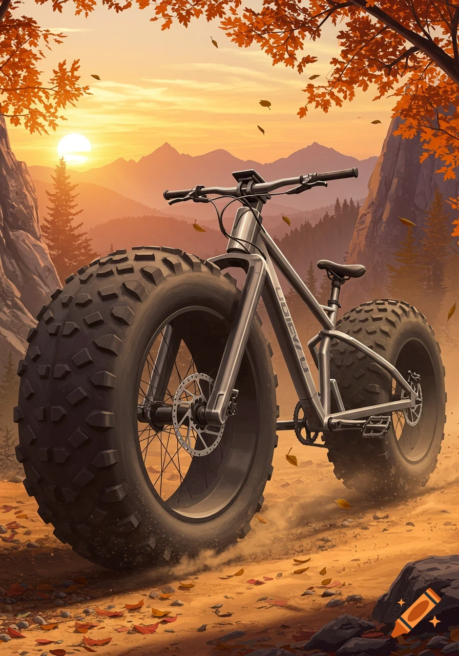 A fat-tire mountain bike on a dirt path with autumn leaves, set against a vibrant sunset over mountains in a digital art style.
