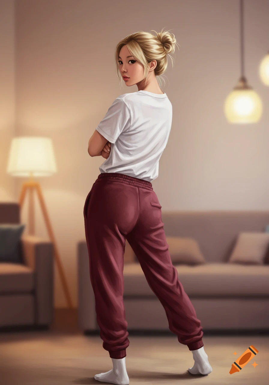 Digital painting of a blonde woman in a white t-shirt and maroon sweatpants, looking over her shoulder in a softly lit room.