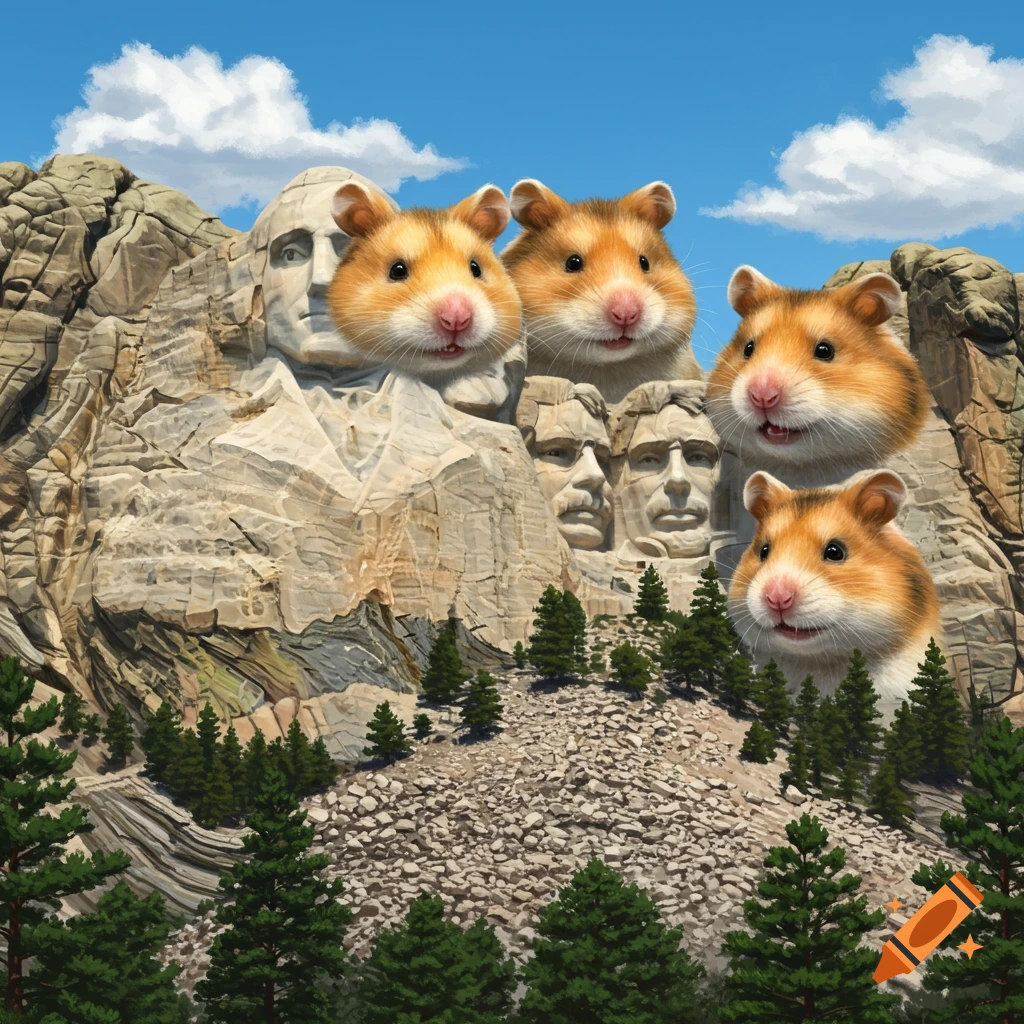 Mount Rushmore with the faces of the presidents replaced by five large, cute hamster heads, under a blue sky.