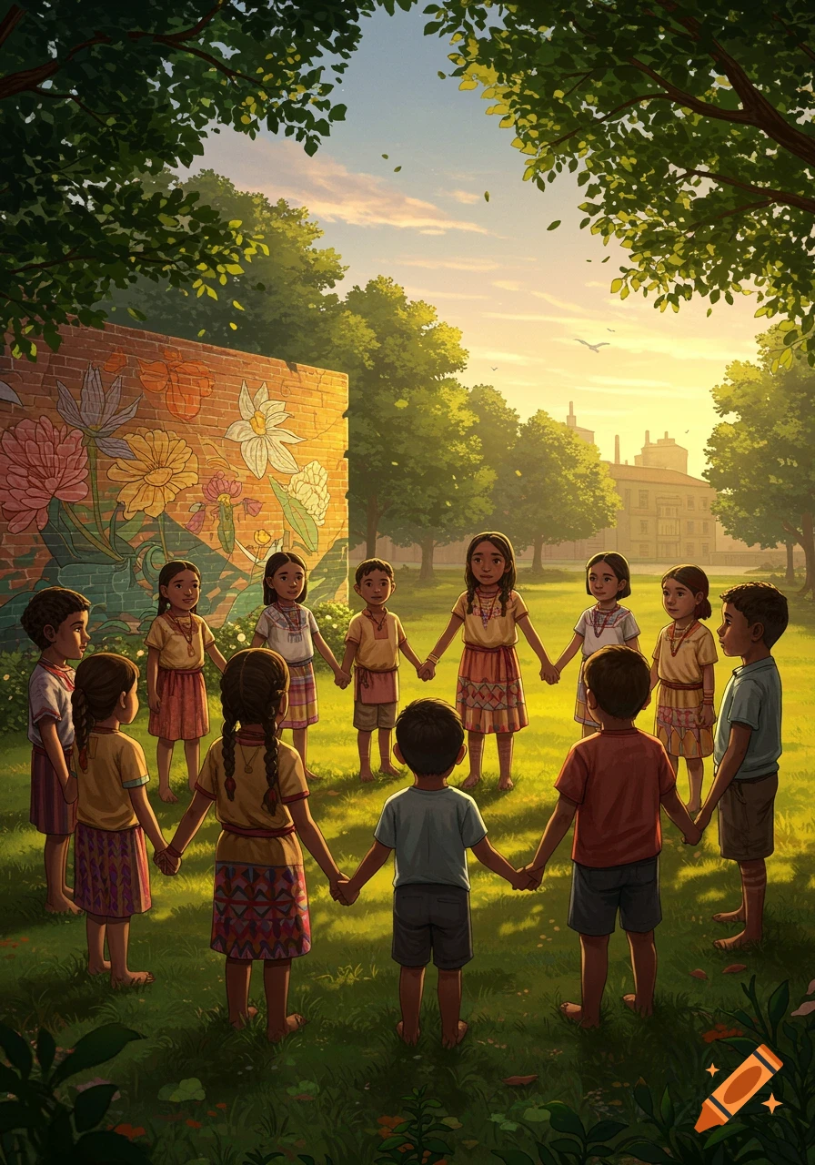 A group of children holding hands in a circle on a grassy field in a park, with a colorful floral mural on a brick wall behind them, under a bright, warm sky.