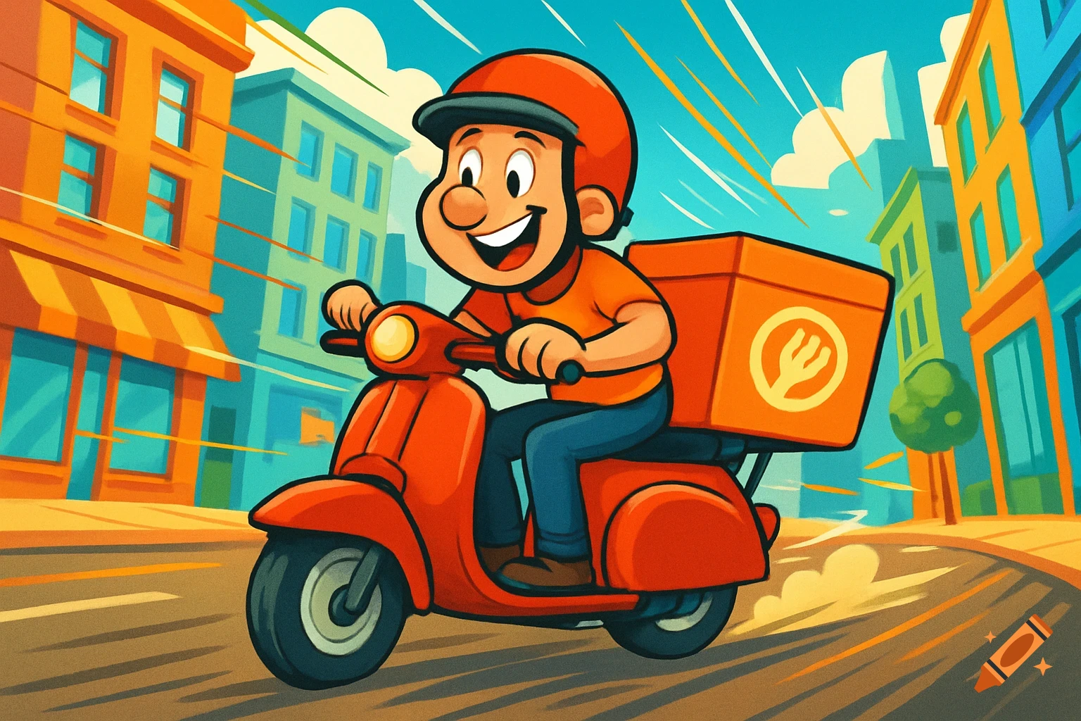 A cheerful cartoon delivery person on a red scooter speeding through a colorful city street with speed lines.