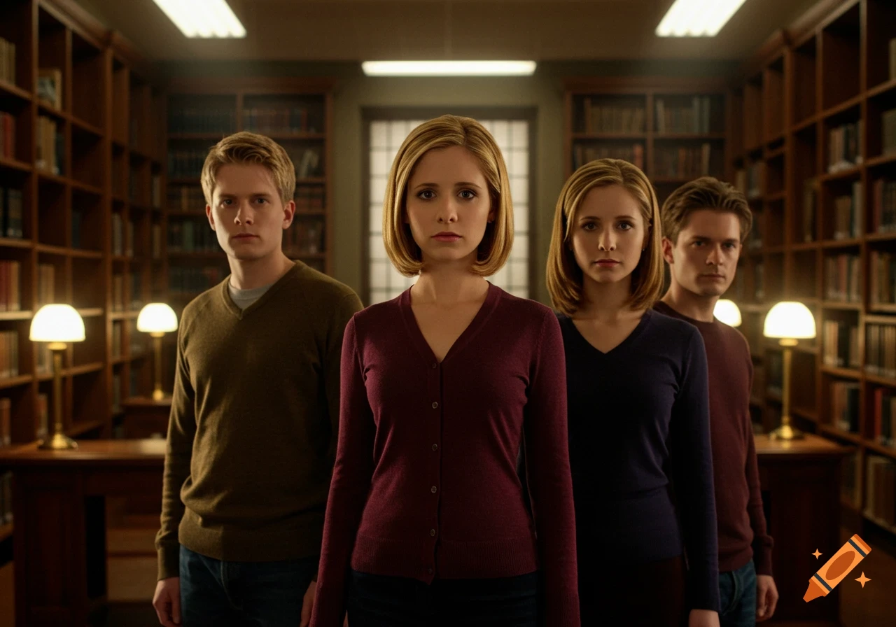 Four young adults, two women and two men, stand in a dimly lit library, looking at the camera.