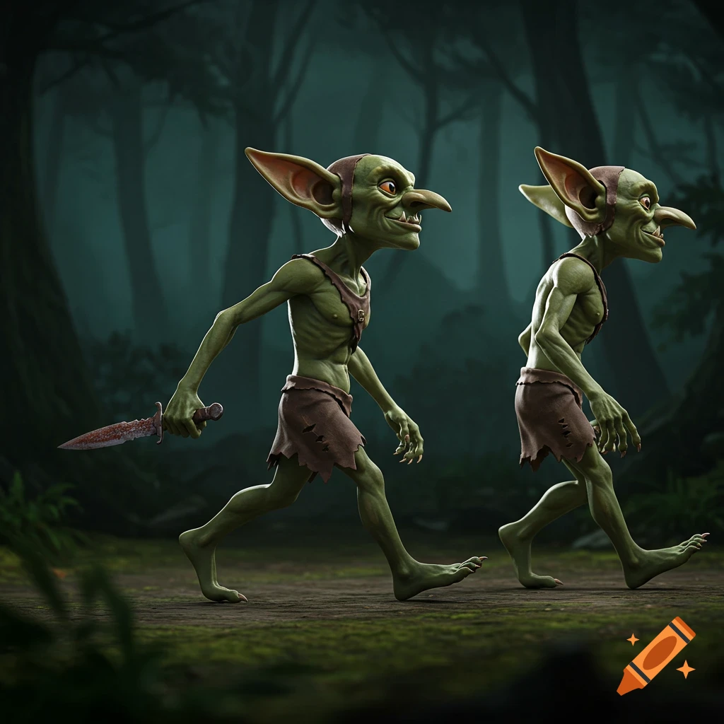 Two gaunt, green-skinned goblins with long noses and pointed ears walk through a dark forest; one carries a rusty dagger.