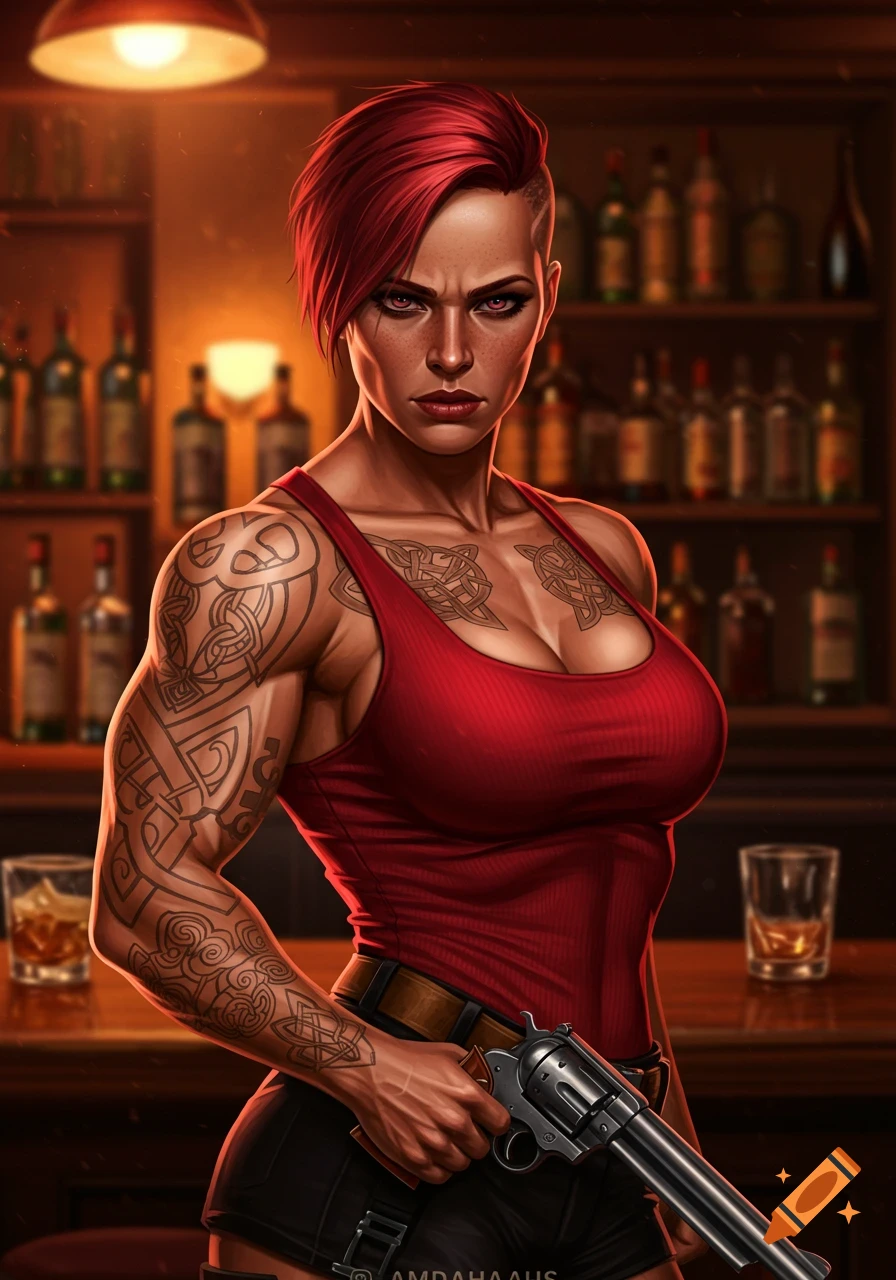 Muscular woman with short red hair and Celtic tattoos stands in a bar, holding a revolver. Digital art.