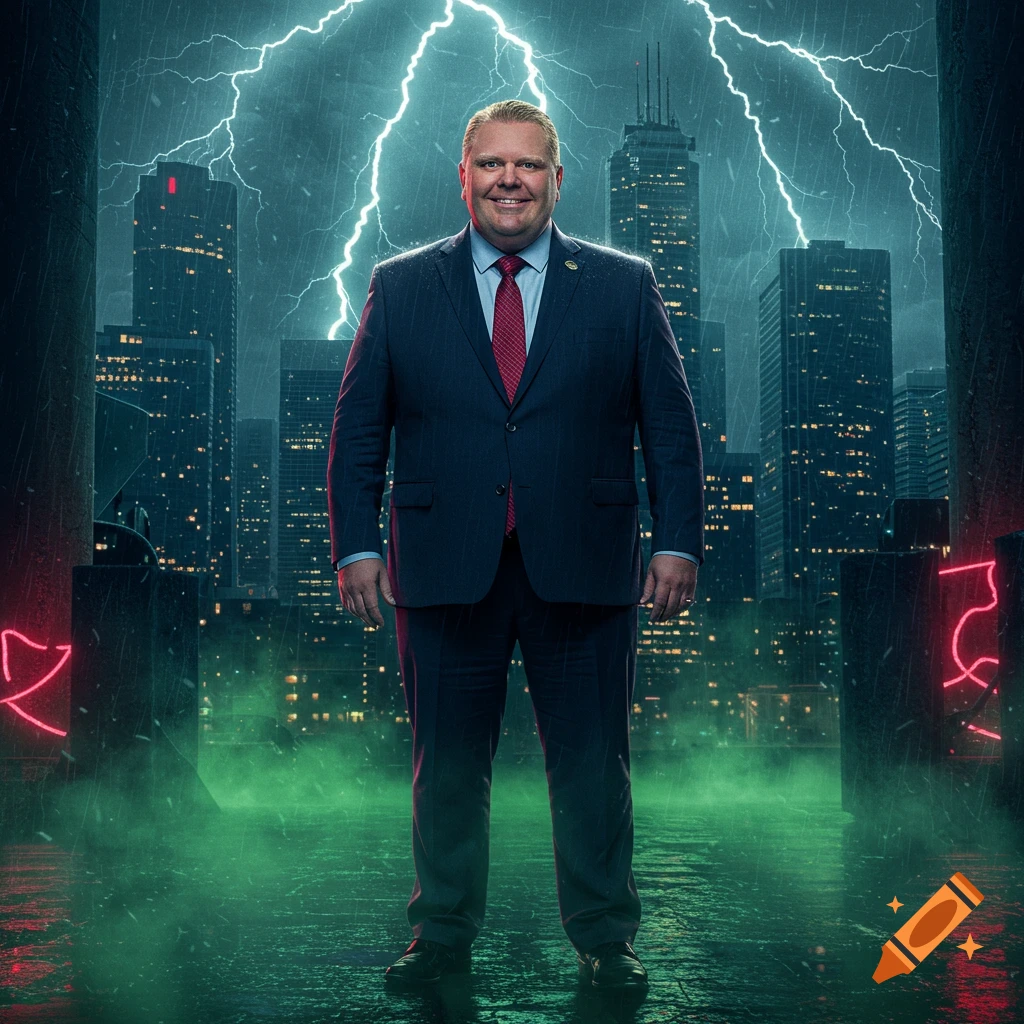 A man in a dark suit and red tie stands in a rainy, futuristic city with lightning striking in the background and green mist on the street.