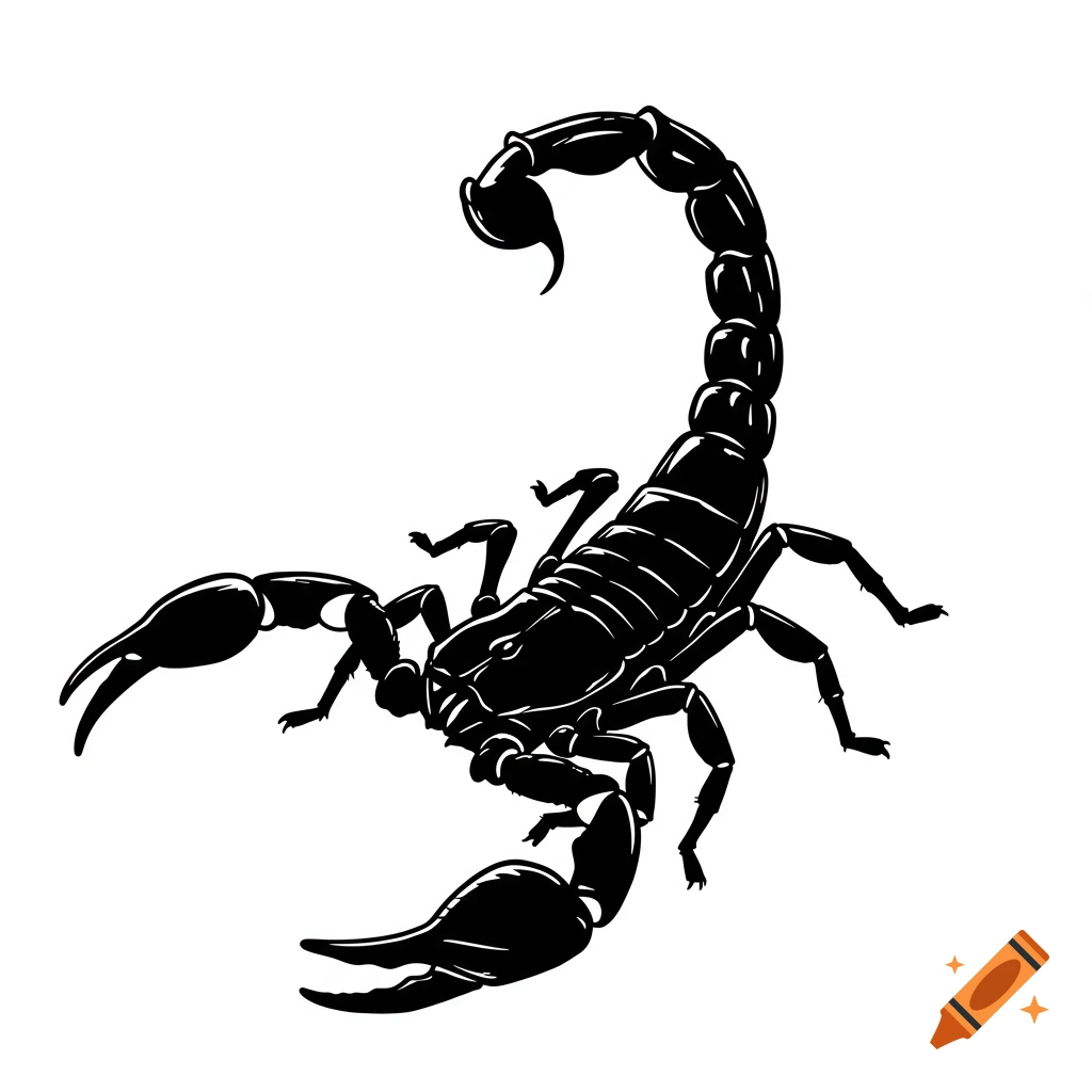 Black silhouette of a scorpion in a dynamic comic book style on a white background, viewed from a down-shot.