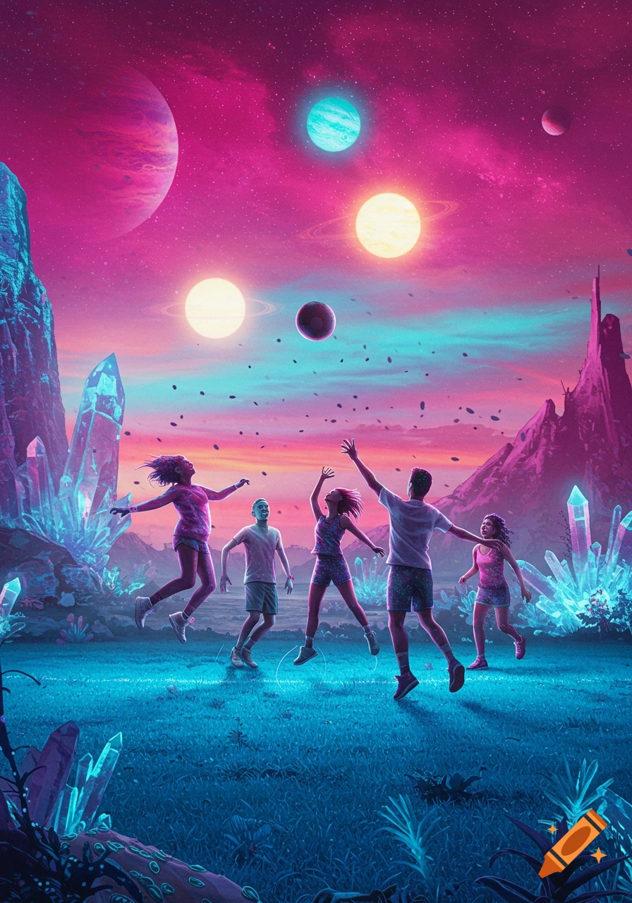 People play a ball game on a vibrant alien planet with large blue crystals and multiple planets in a pink and blue sky.