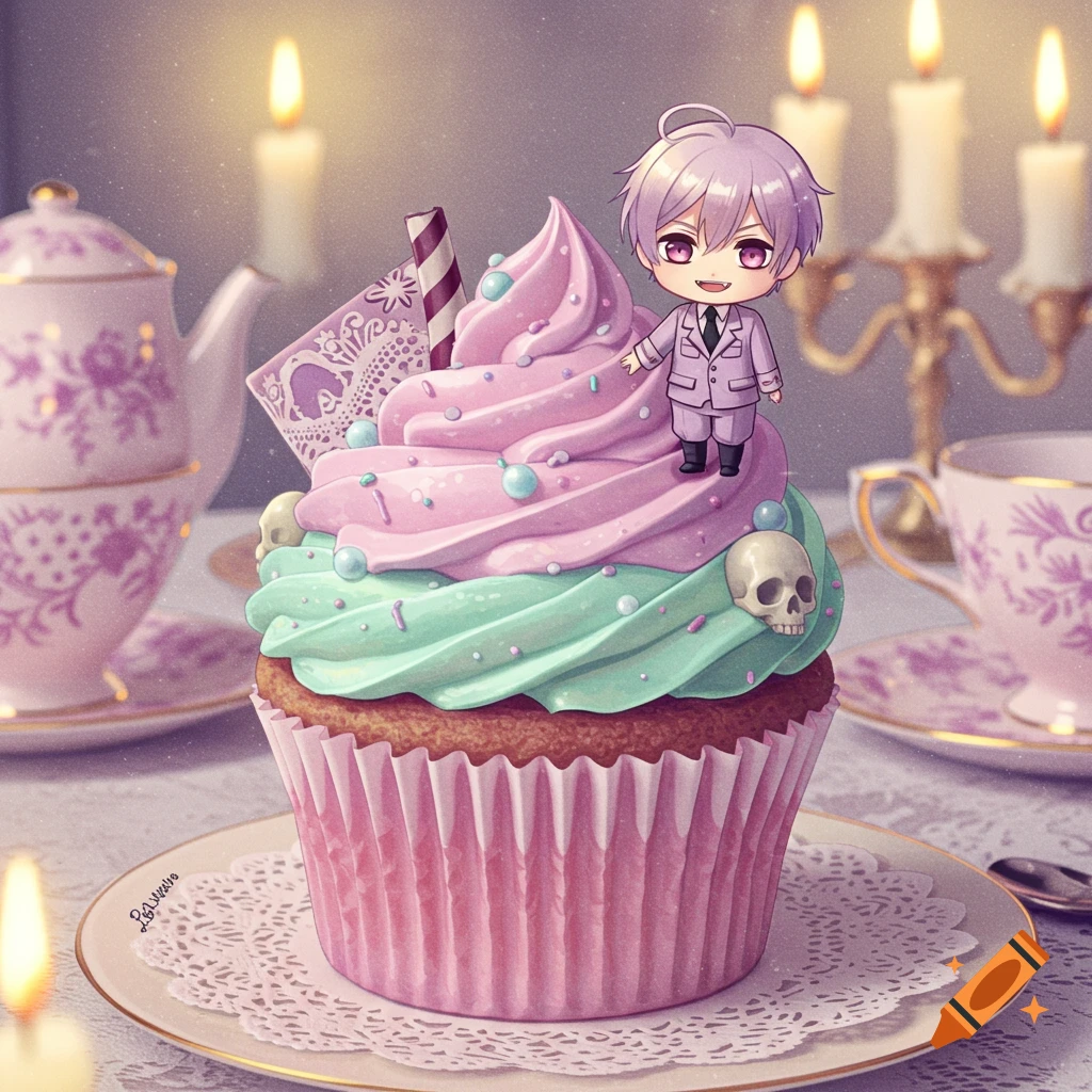 An anime chibi character standing on a pastel pink and mint green cupcake with skulls, set on a lace doily with candles and teacups.