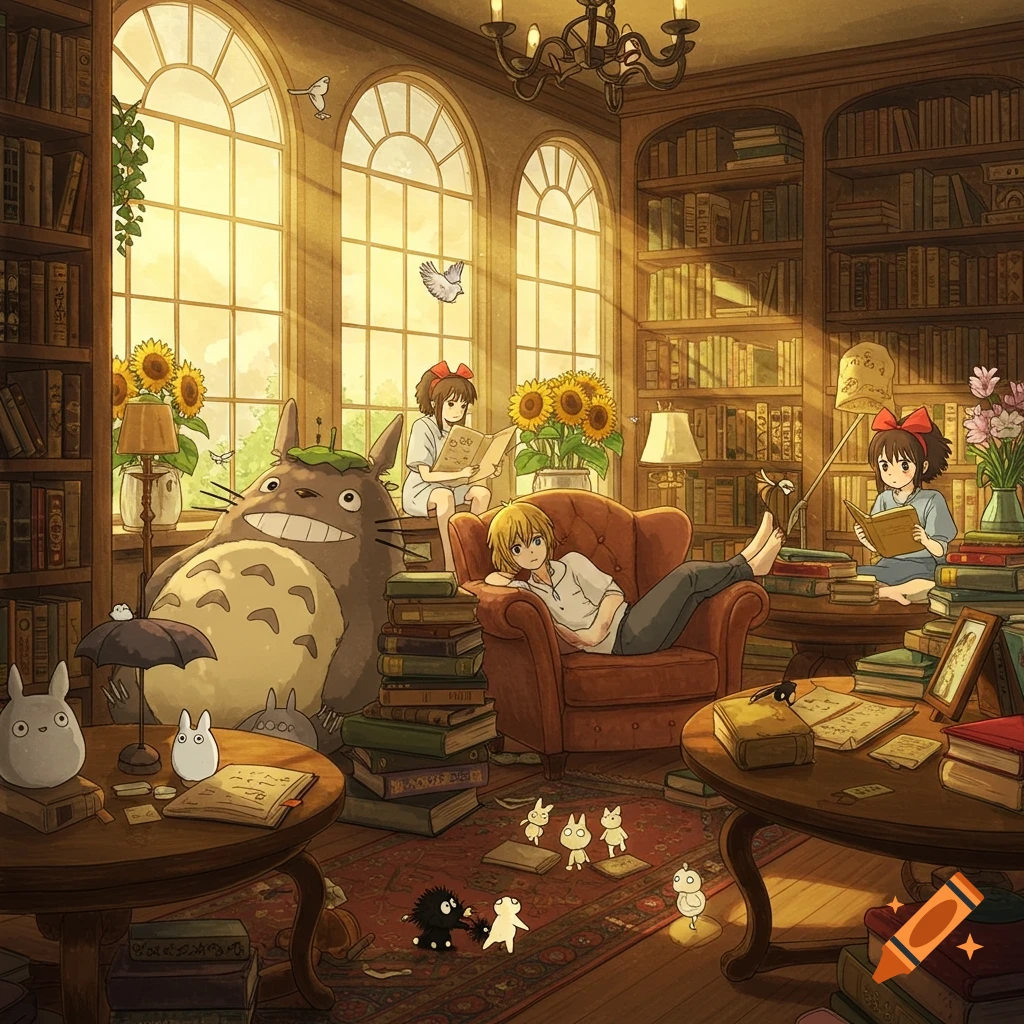 A cozy Studio Ghibli-style library with characters like Totoro, children, and soot sprites reading and relaxing in warm sunlight.