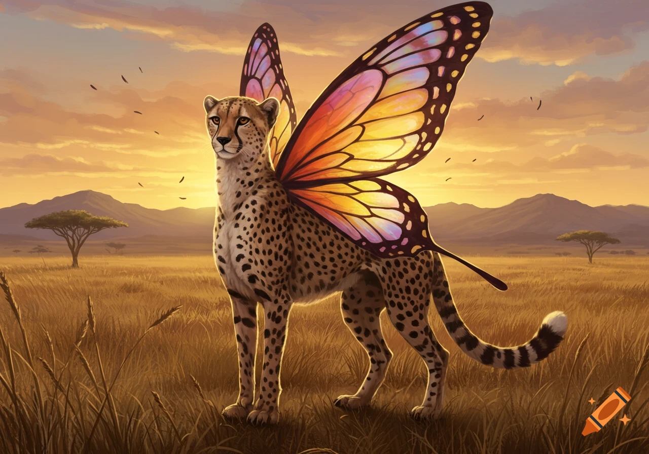 A majestic cheetah with large, colorful butterfly wings stands in a golden savanna at sunset.