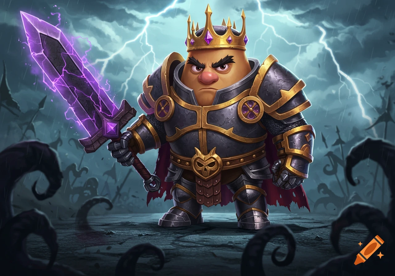 A chunky cartoon potato king in dark and gold armor, wearing a crown and wielding a glowing purple greatsword, stands on a stormy battlefield with lightning.