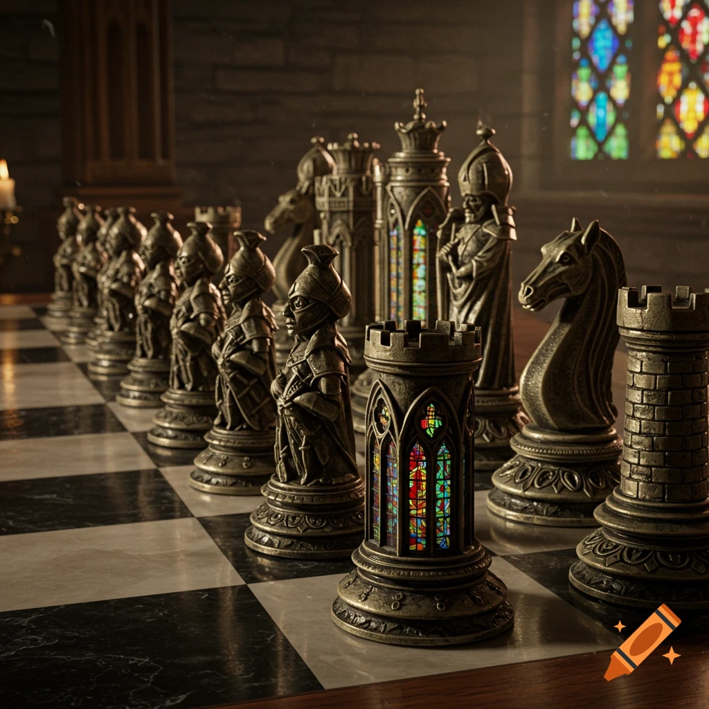 A detailed, photorealistic image of an ornate gothic architectural chess set on a marble chessboard, with colorful stained glass windows in the background.