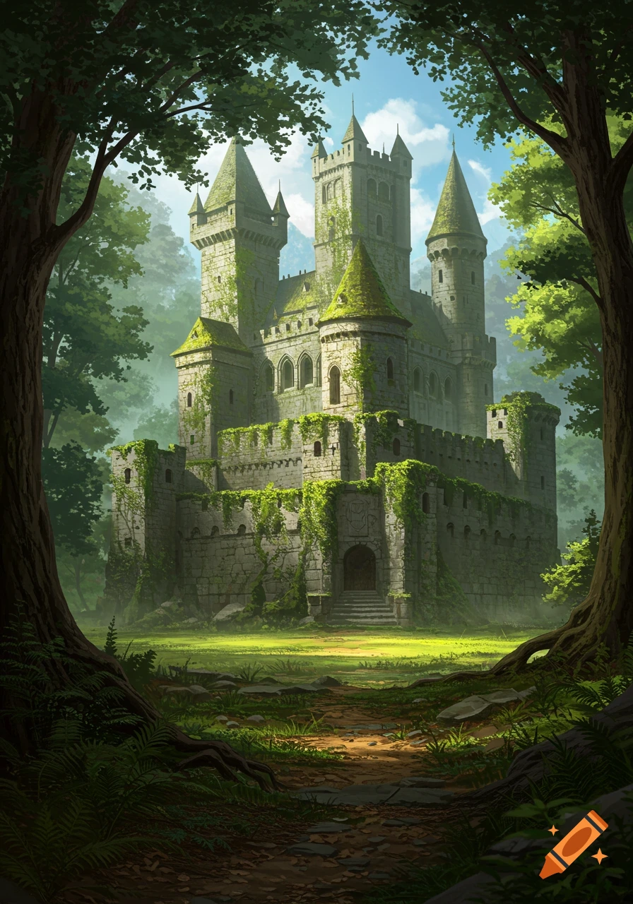 A majestic, moss-covered medieval castle with high turrets, nestled deep within a lush, green forest.
