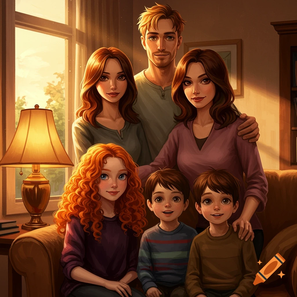 Illustrative family portrait showing two parents, a red-haired girl, and two boys, bathed in warm sunlight.