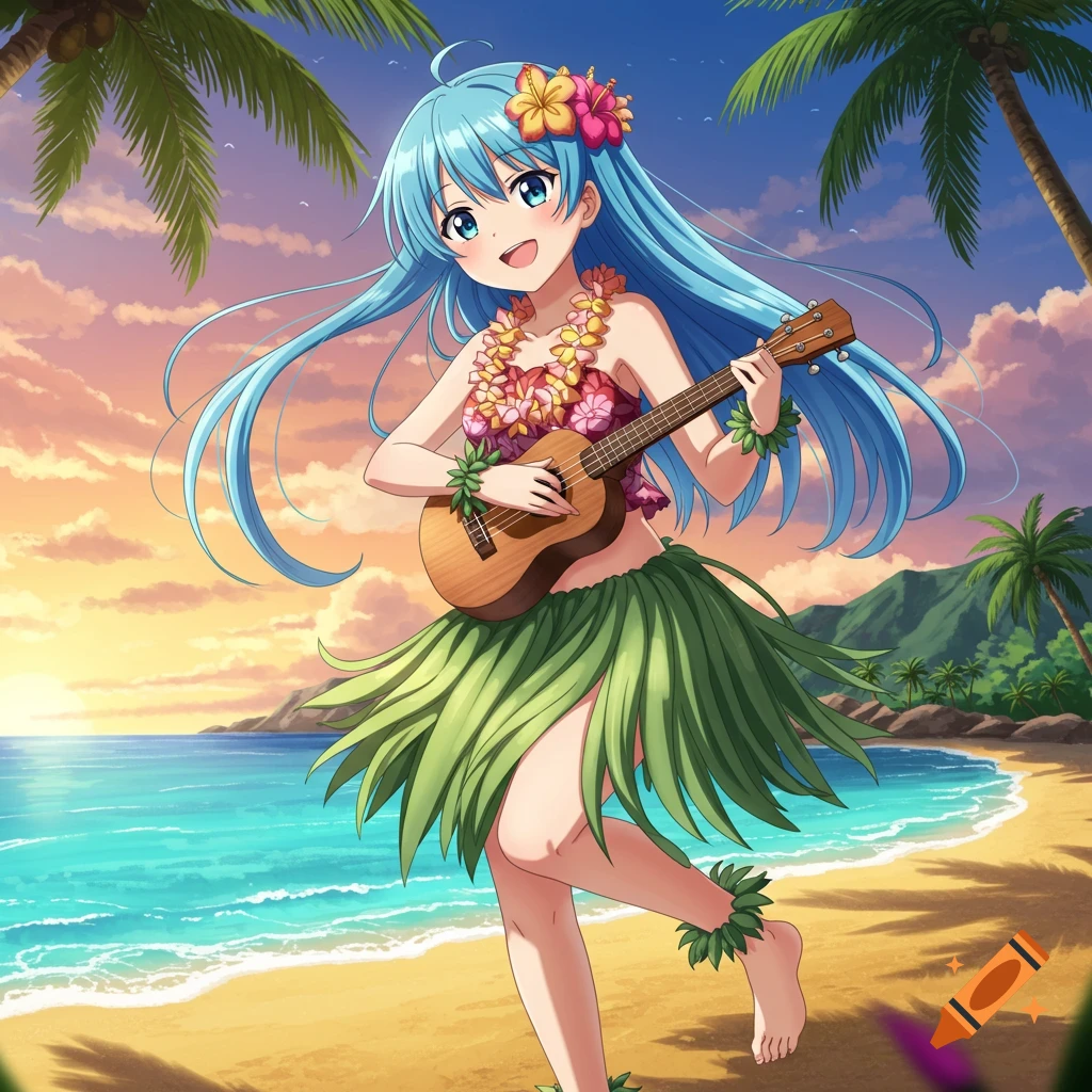 An anime girl with blue hair and a flower in her hair, wearing a hula skirt and lei, smiles while playing a ukulele on a tropical beach at sunset.