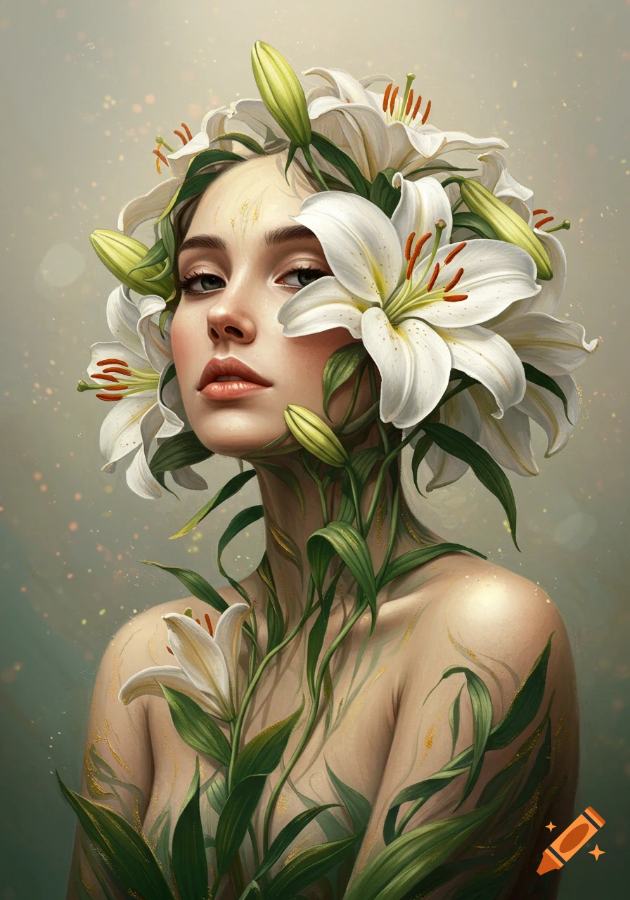 A beautiful woman's head and bare shoulders covered in white lilies, with green stems winding around her neck and chest, in a surreal art style.