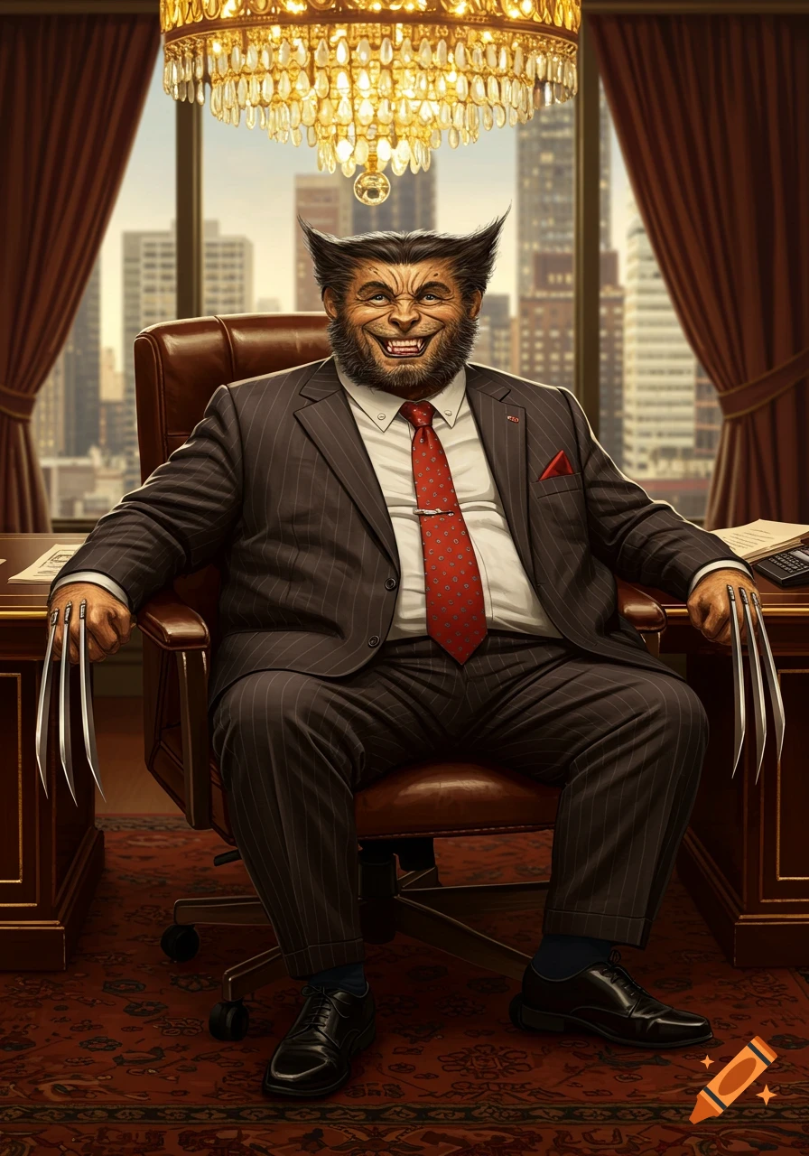 Stylized art of Wolverine as a smiling, pinstriped businessman, sitting in a luxurious office with his claws extended.
