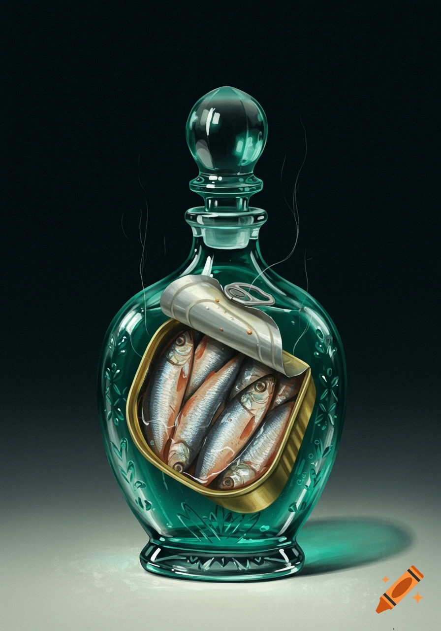 A realistic illustration of a teal glass decanter containing an open tin of sardines, set against a dark background.