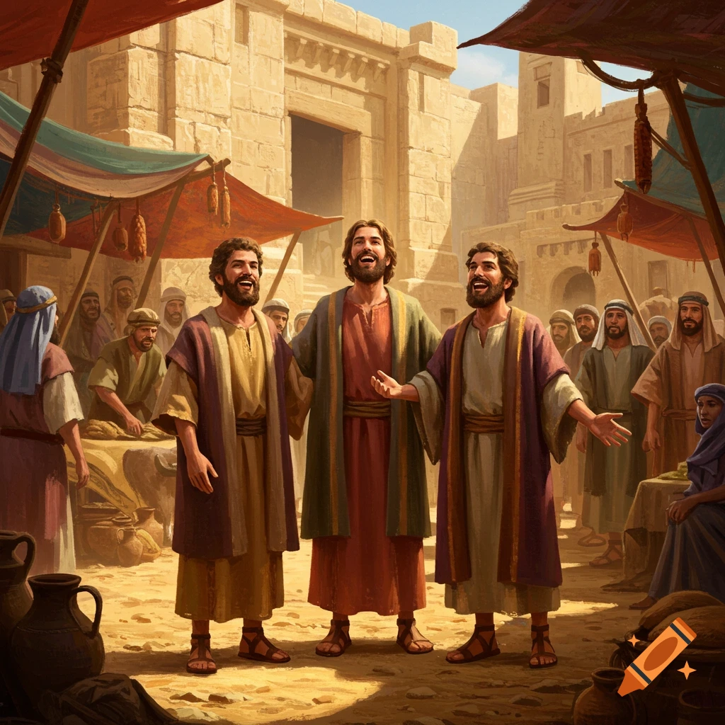 Three joyful men in ancient robes stand smiling in a sunlit marketplace, looking up. Others populate the background.