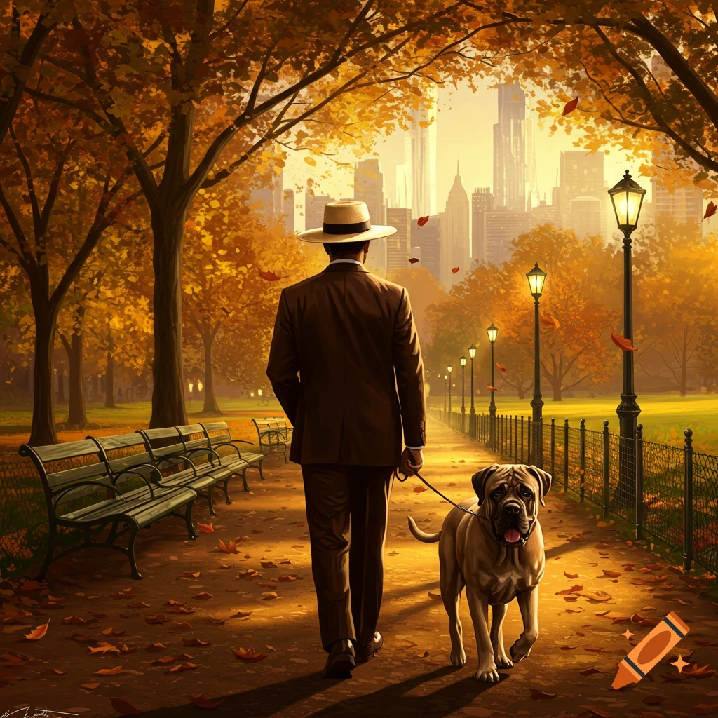 A man in a brown suit walks a large dog on an autumn park path with trees, benches, and a city skyline.