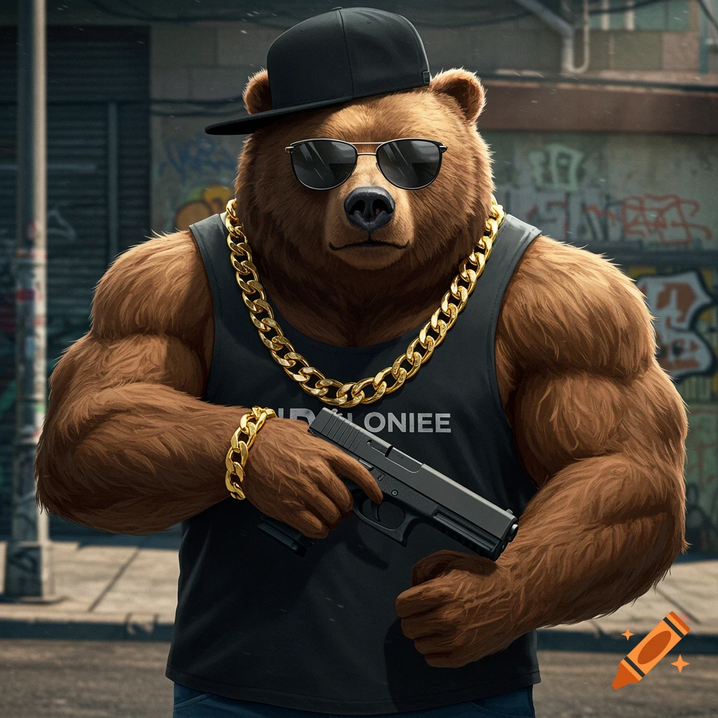 A muscular anthropomorphic bear with a black hat, sunglasses, gold chains, and tank top, holding a pistol in an urban setting.