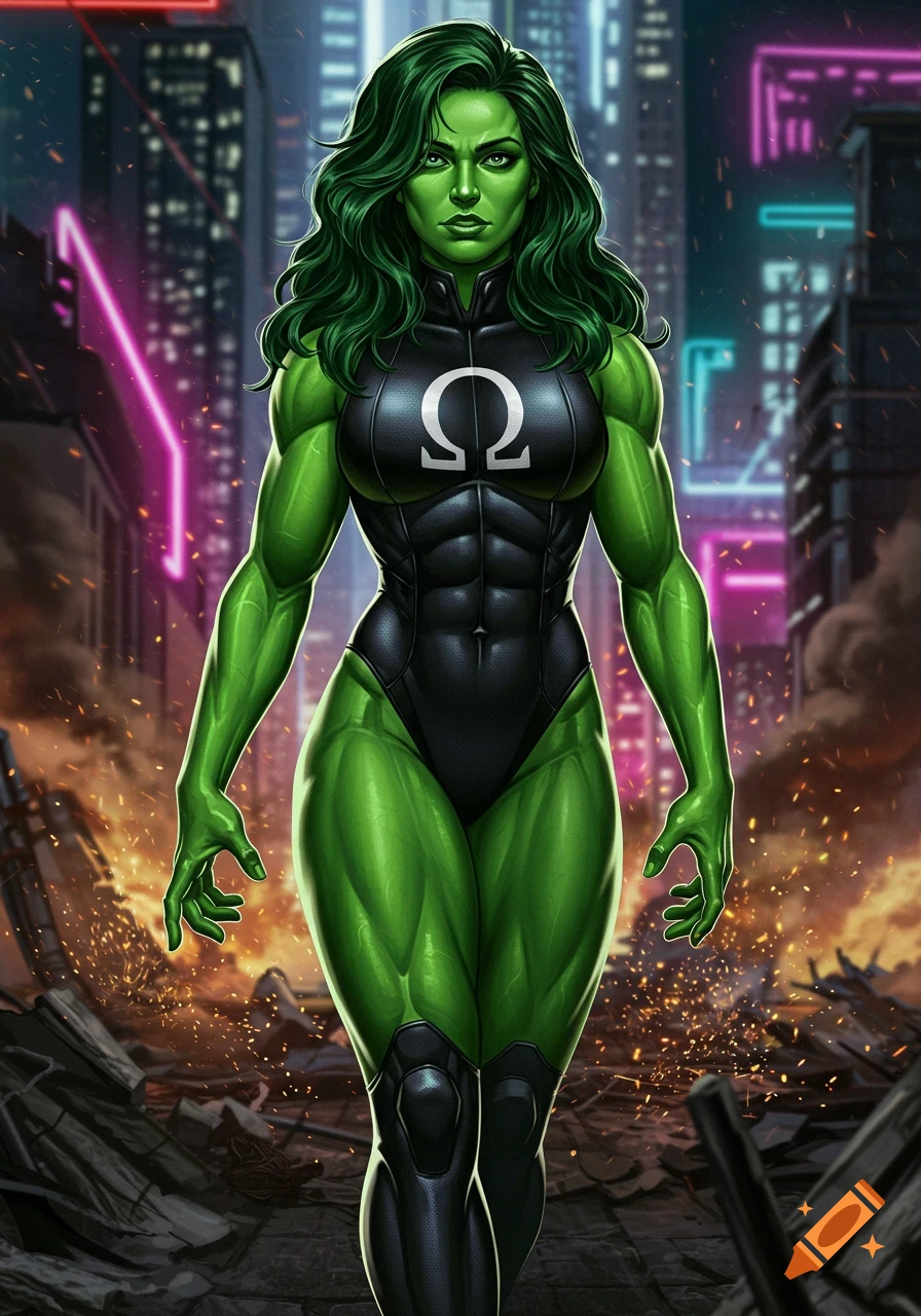 A muscular She-Hulk in a black battle suit with an omega symbol, standing amidst rubble with a neon city background, in a comic book art style.