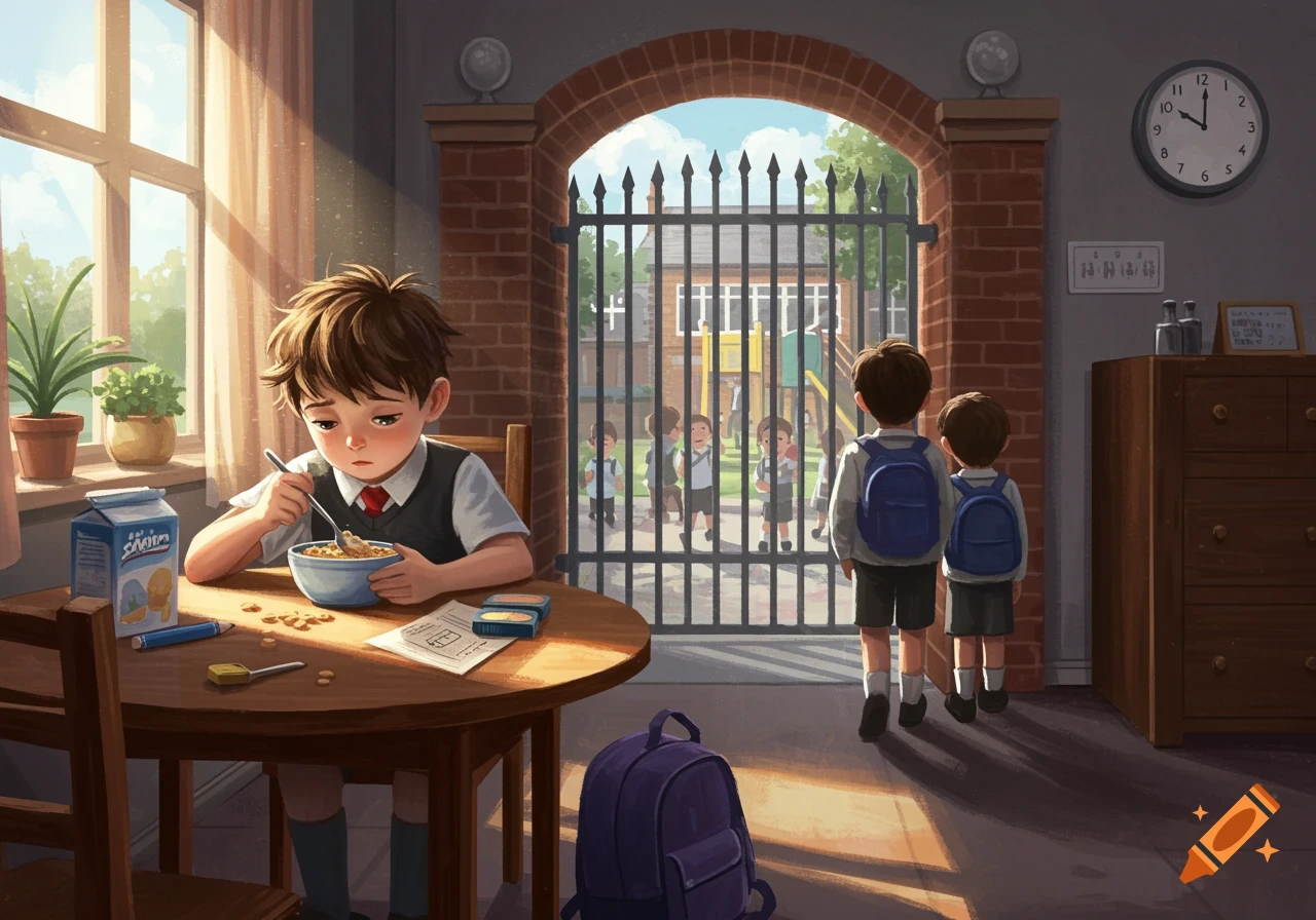 A sad boy in school uniform eats cereal at a sunlit table, while two other boys with backpacks walk towards a school gate.