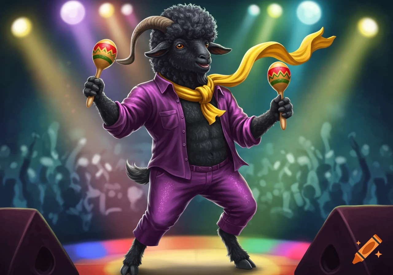 An anthropomorphic black goat with an afro, horns, and a yellow scarf, wearing a purple open shirt and pants, dances on a stage holding two maracas.