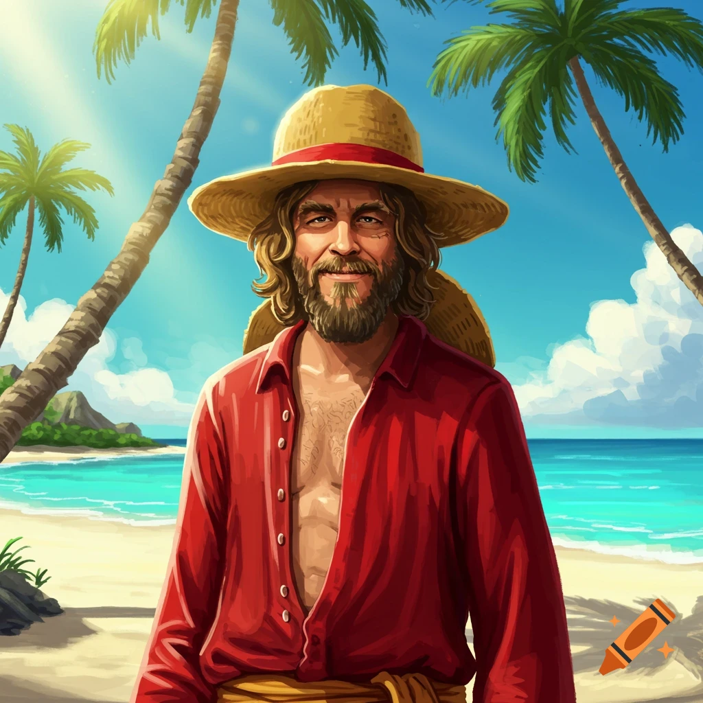 An illustration of a bearded man with long hair, wearing a straw hat and red open shirt, standing on a sunny tropical beach with palm trees.