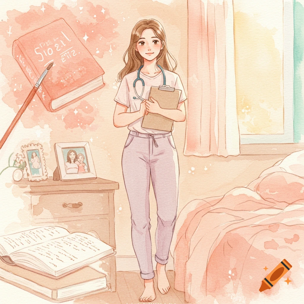 Watercolor illustration of a nursing student holding a clipboard and stethoscope in a cozy room with books and family photos.