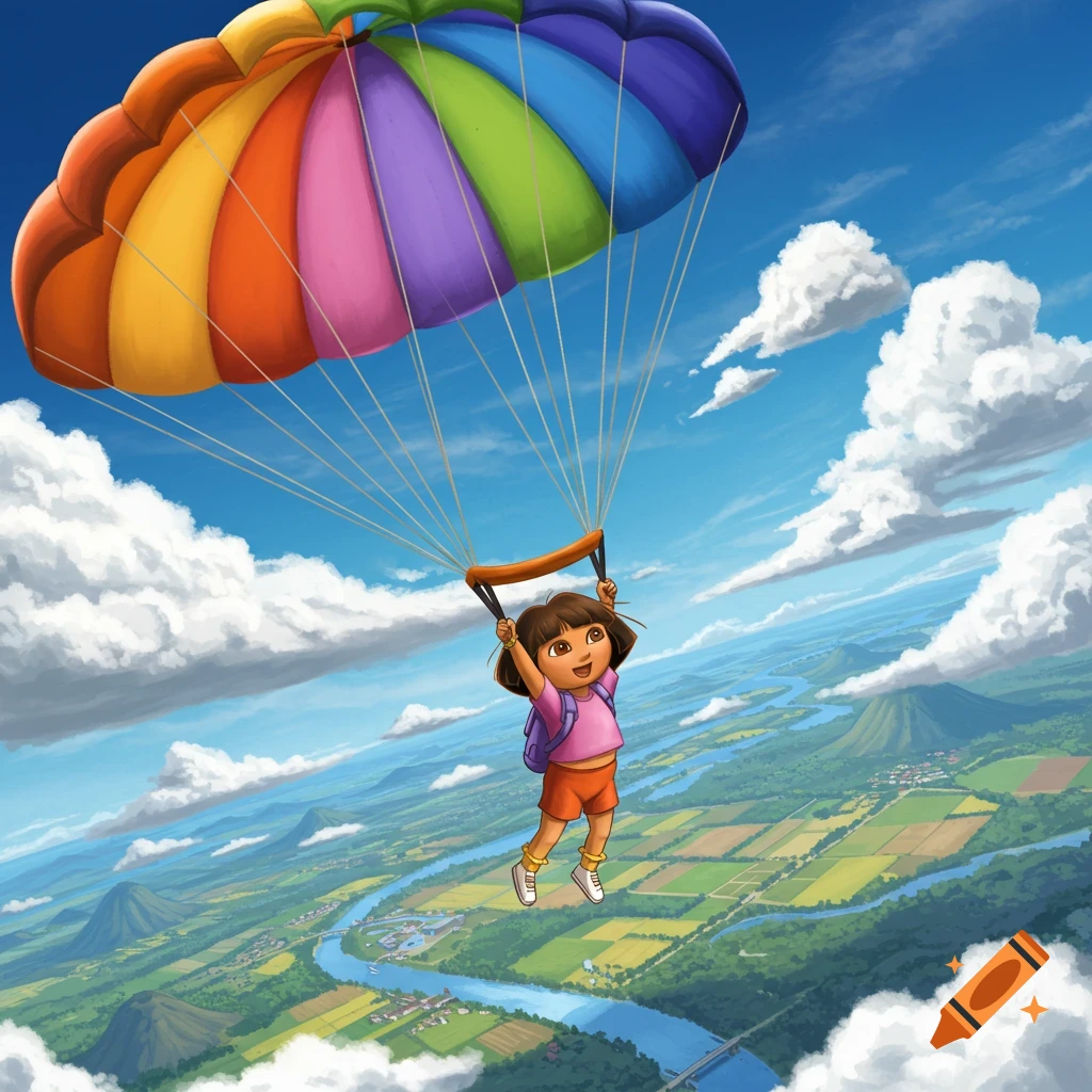 Cartoon Dora the Explorer with a rainbow parachute, soaring high above a lush landscape with rivers and mountains.