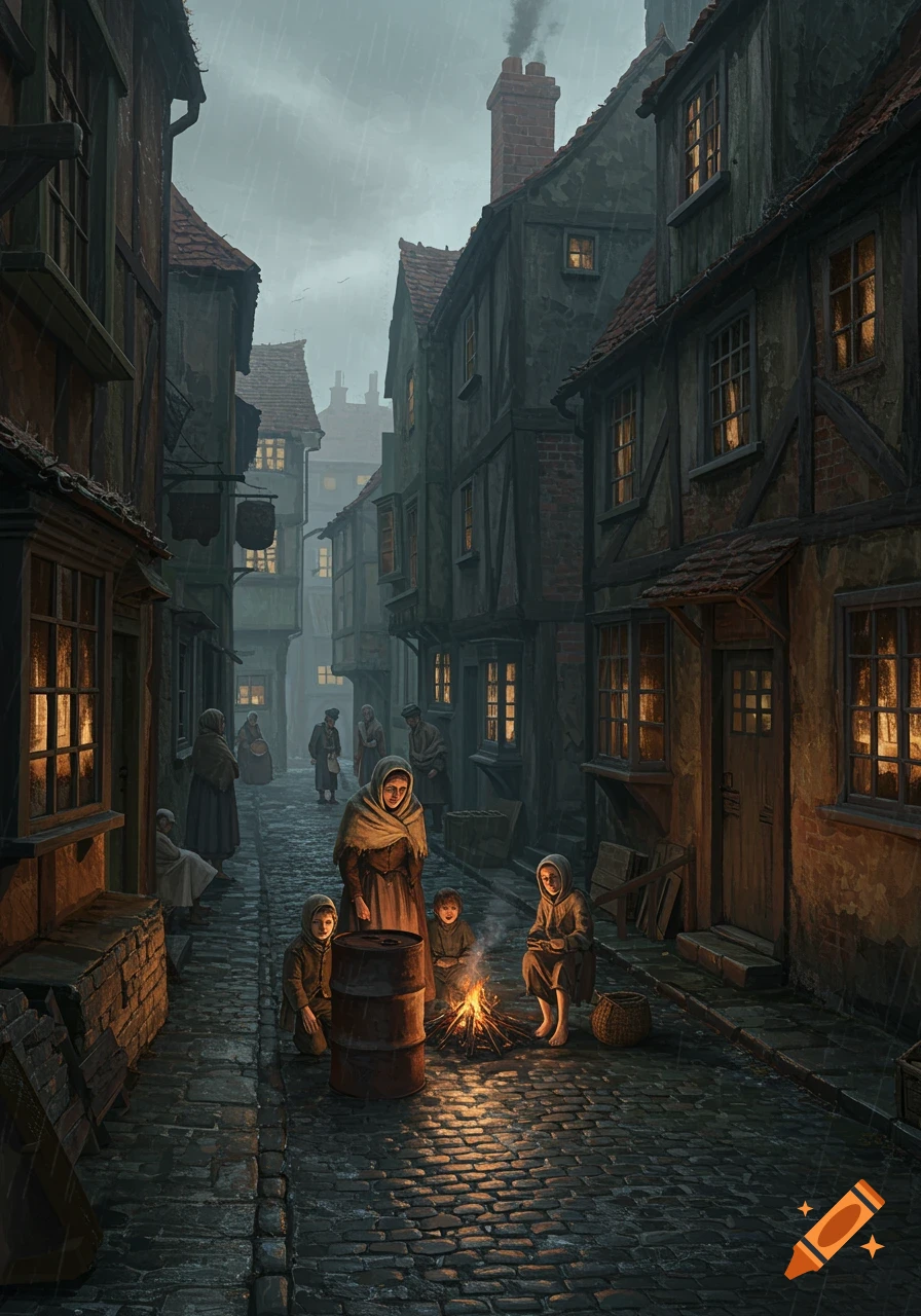 A rain-soaked 18th-century street scene with people, including a mother and children, gathered around a barrel fire, surrounded by old, worn buildings.